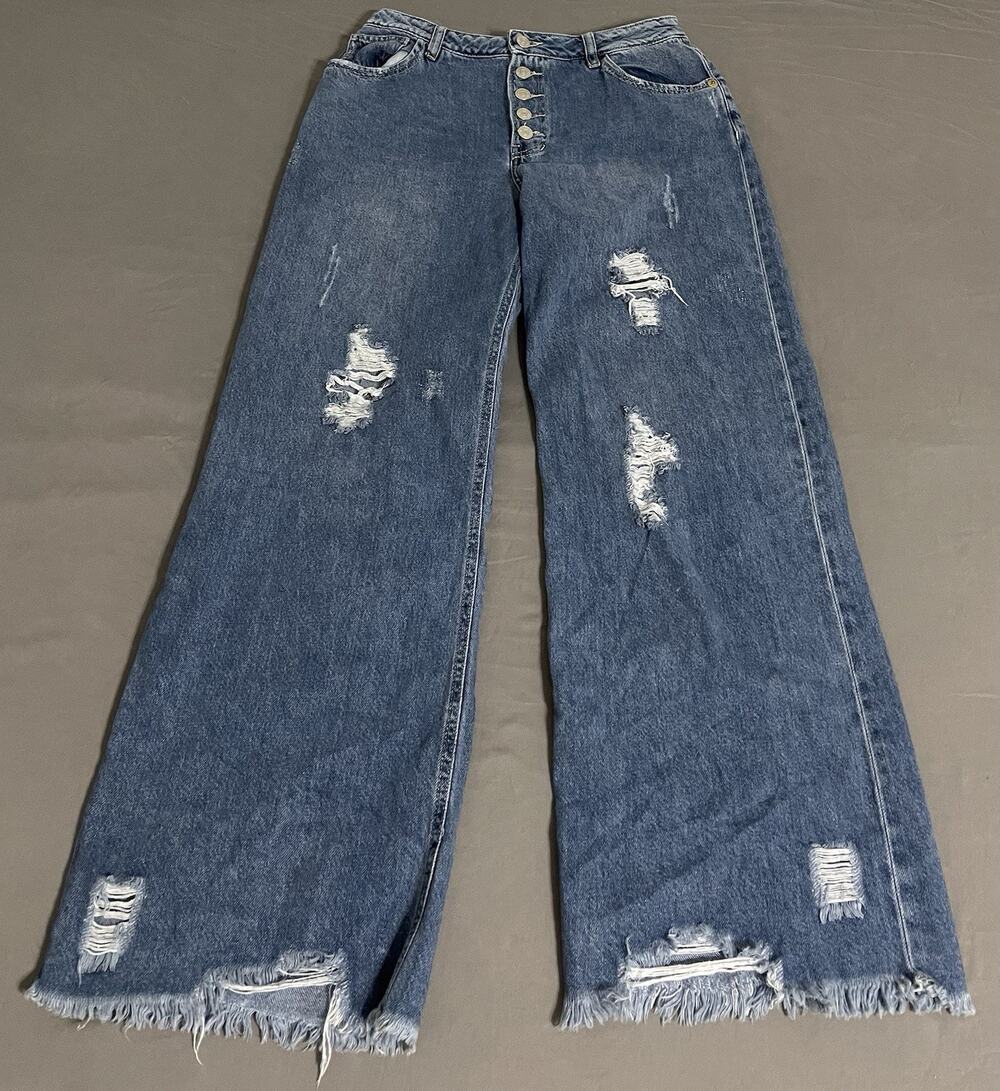 KanCan 90s Distressed Wide Leg Jeans Size 3 Medium Wash Frayed Hem